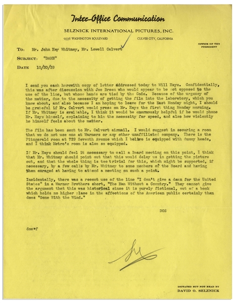 Archive Regarding the Use of the Word ''Damn'' in ''Gone With the Wind'' -- Includes Letter From David O. Selznick to Will Hays, Architect of the Hays Code, & Also Memo From Selznick Entitled ''DAMN''